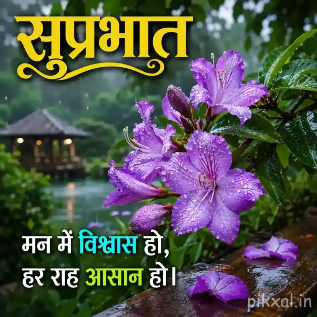 Cluster of purple flowers with wet green leaves and a peaceful good morning quote in a monsoon garden