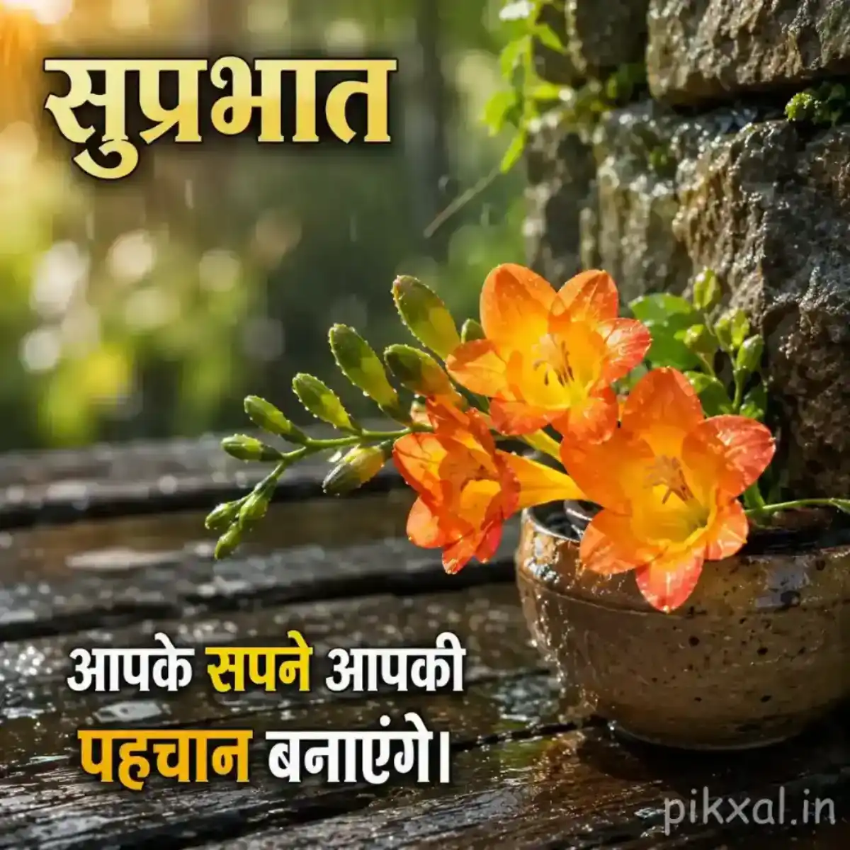 Orange flowers with green leaves beside a wet garden path and a शुभप्रभात quote in monsoon scenery