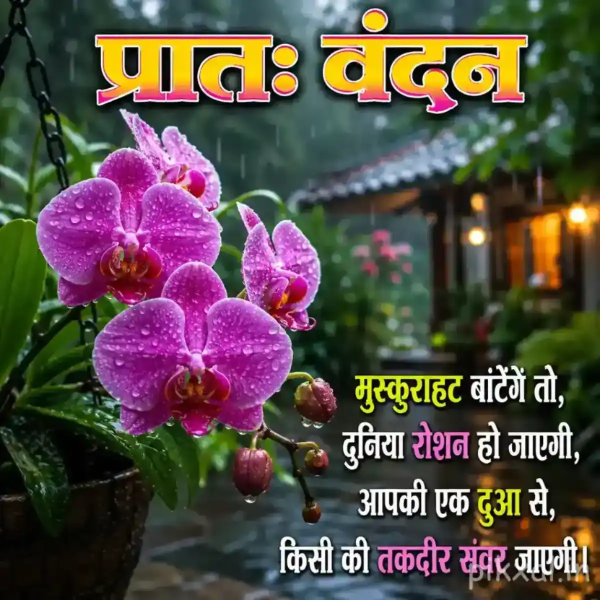 Pink and purple orchid flowers with raindrops in a rainy garden with warm lights and a morning quote