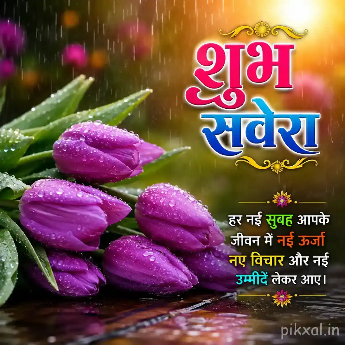 Cluster of purple flower buds with green leaves and raindrops arranged in a basket with a शुभ सवेरा quote