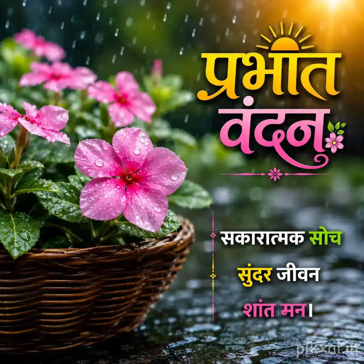 Cluster of small pink flowers with green leaves in a woven basket against a rainy garden background with a प्रभात वंदन quote