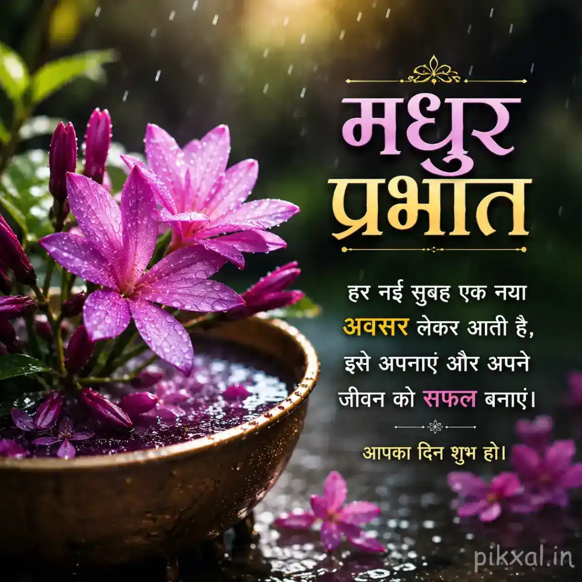 Pink lotus flower with green lily pads and raindrops floating in a bowl beside a rainy garden with a मधुर प्रभात quote