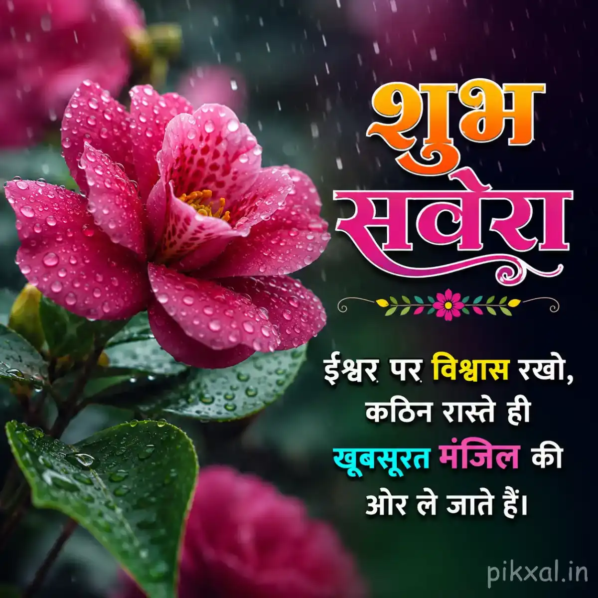 Single red-pink hibiscus flower with green leaves and raindrops against a dark rainy garden background with a शुभ सवेरा quote