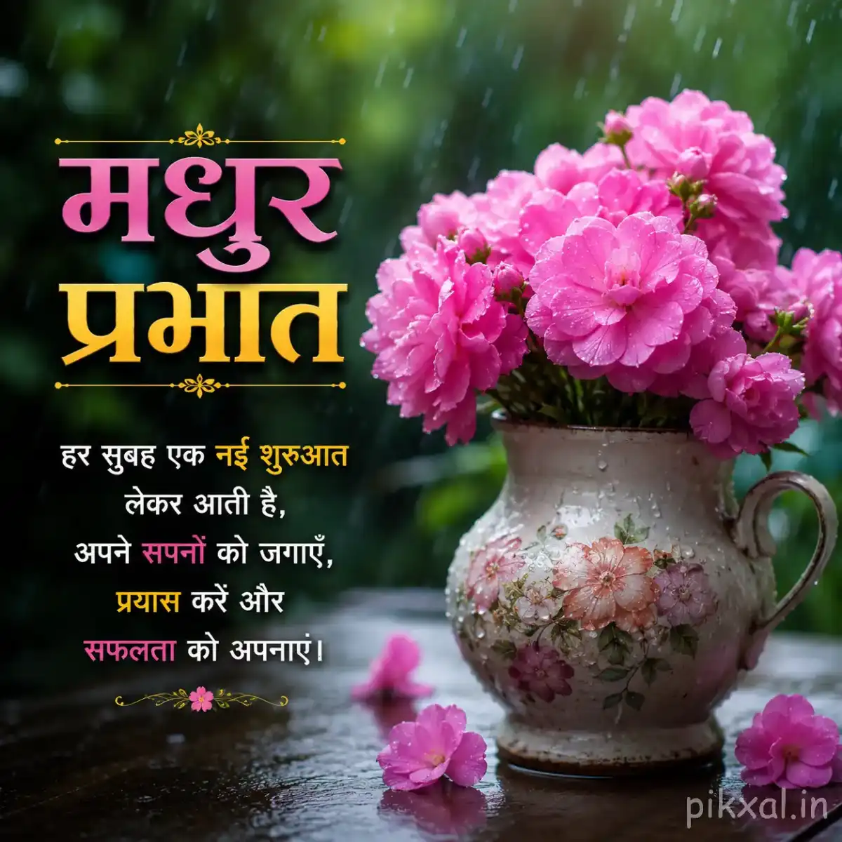 Cluster of pink flowers with green leaves and raindrops in a decorative ceramic vase beside a rainy window