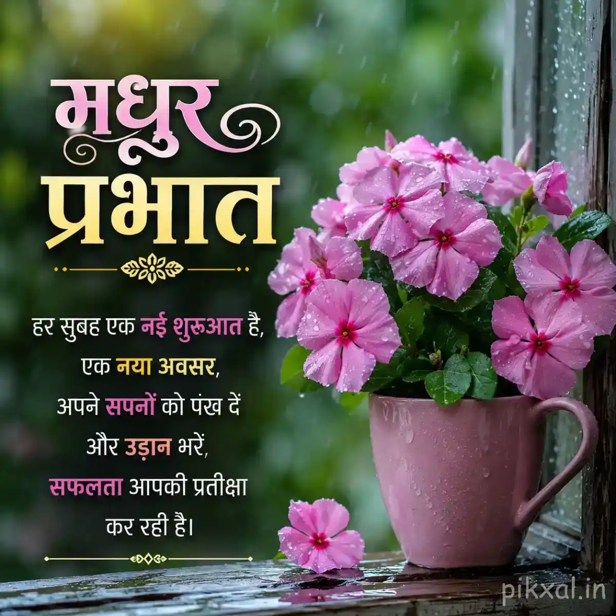 Cluster of pink flowers with green leaves and raindrops in a pink cup against a blurred rainy garden background