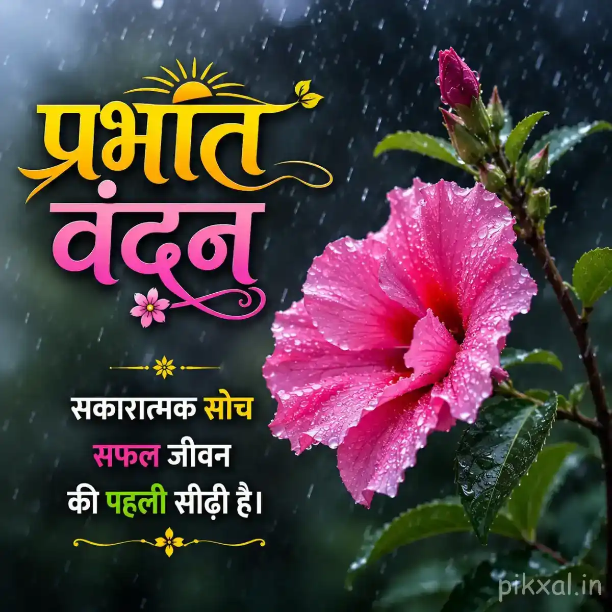 Single bright pink hibiscus flower with green leaves and raindrops against a dark rainy garden background with a प्रभात वंदन quote