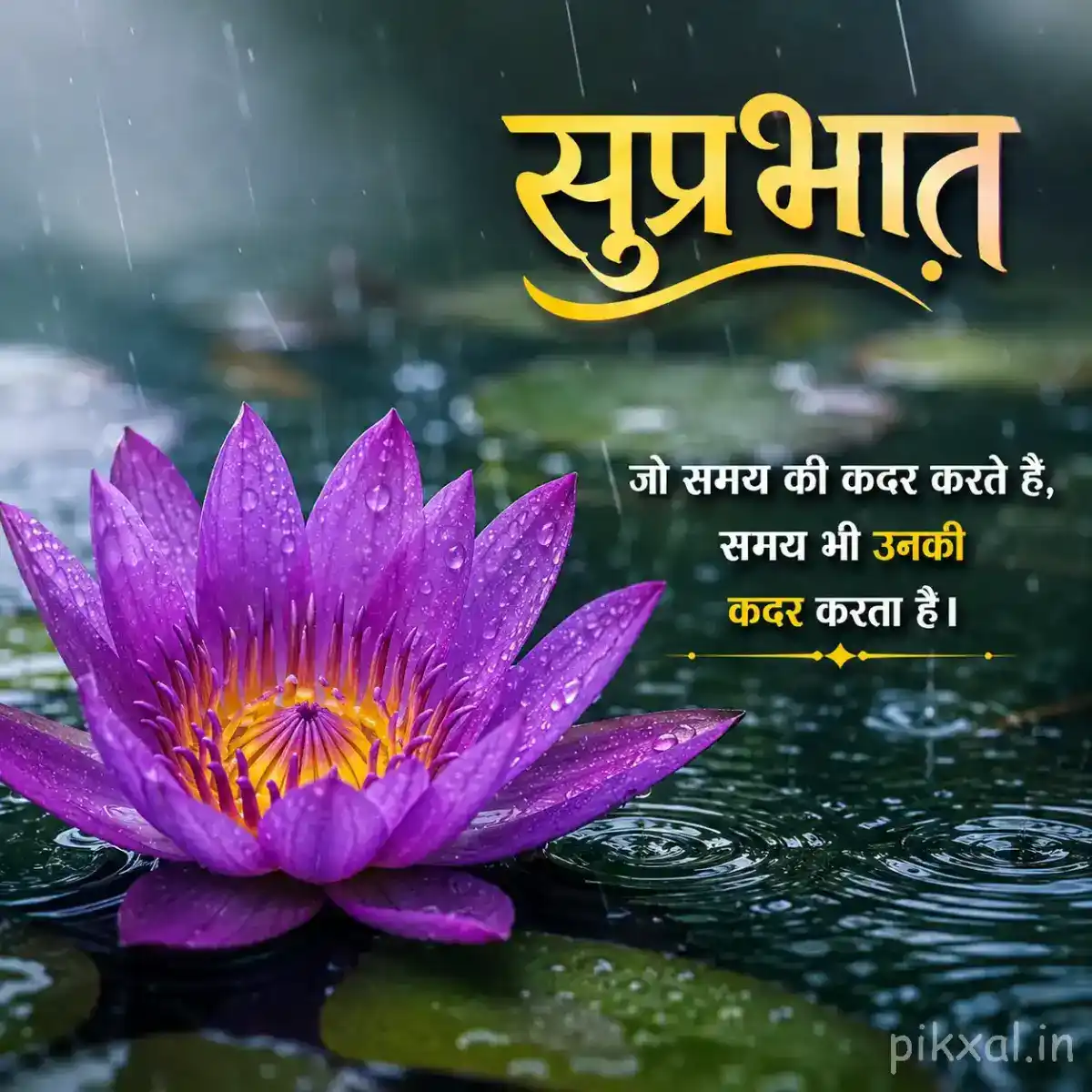 Single purple water lily with a yellow center and green lily pads floating on a rainy pond with a सुप्रभात quote
