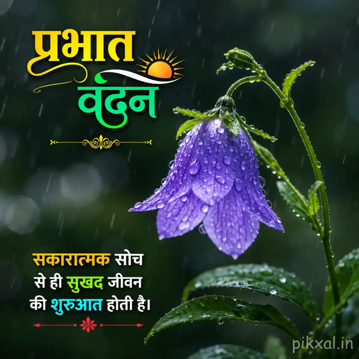 Single purple bell-shaped flower covered with raindrops and surrounded by green leaves in a rainy garden with a प्रभात वंदन quote