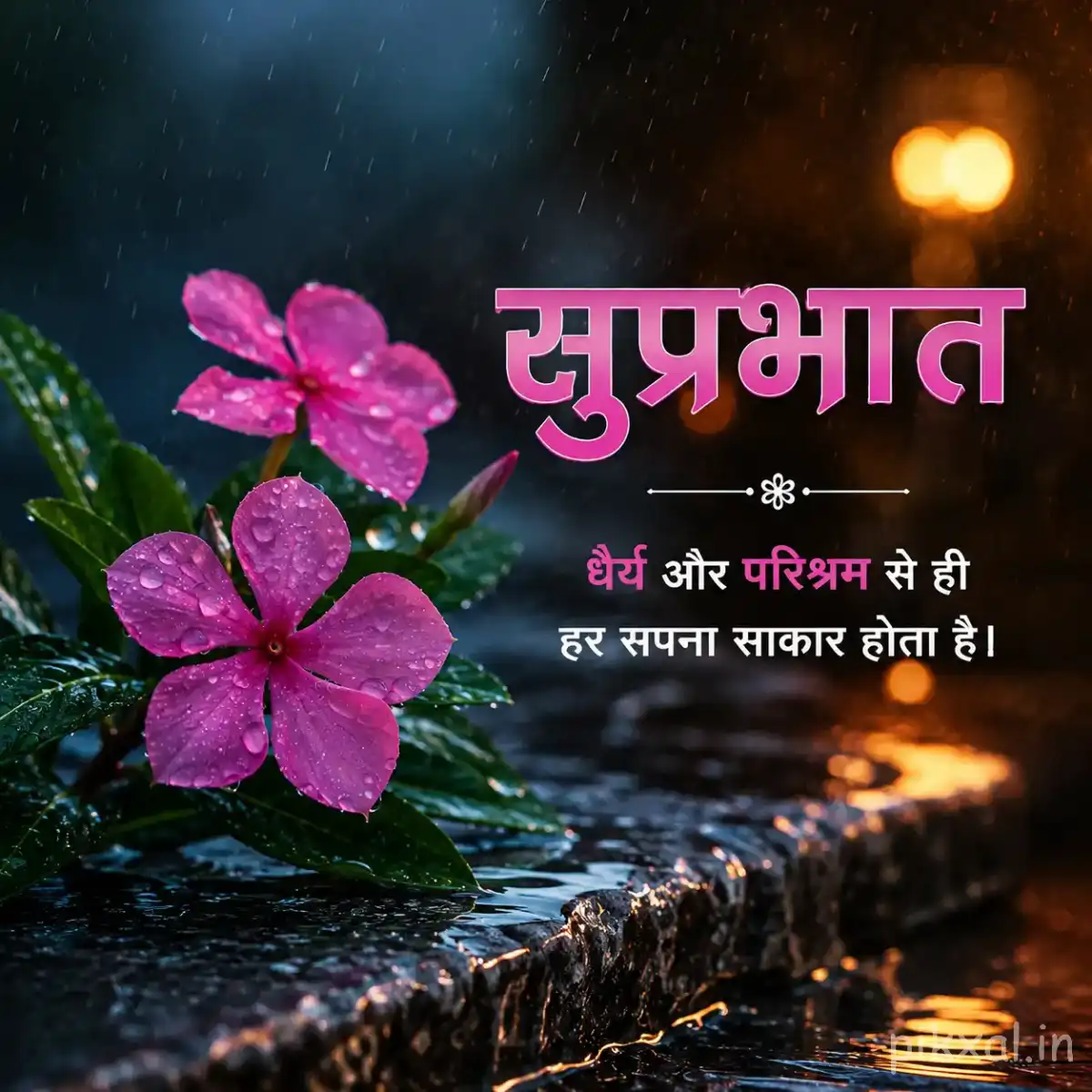 Four small pink flowers with green leaves and raindrops beside a wet garden path with a सुप्रभात quote