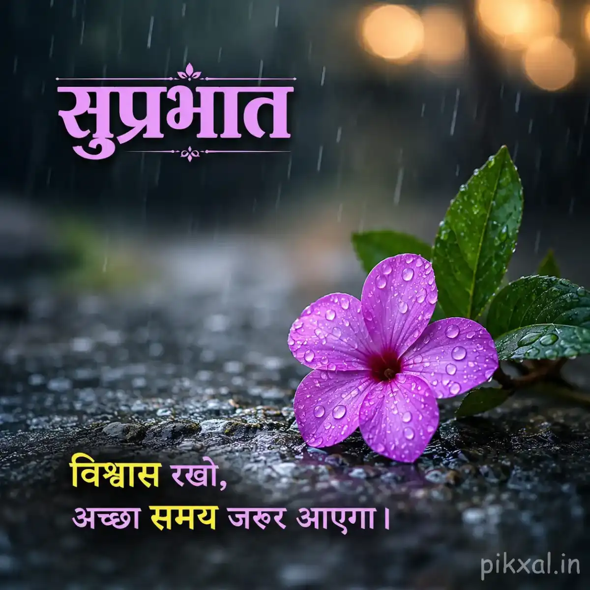 Cluster of small purple flowers with green leaves and raindrops against a blurred rainy garden background with a सुप्रभात quote