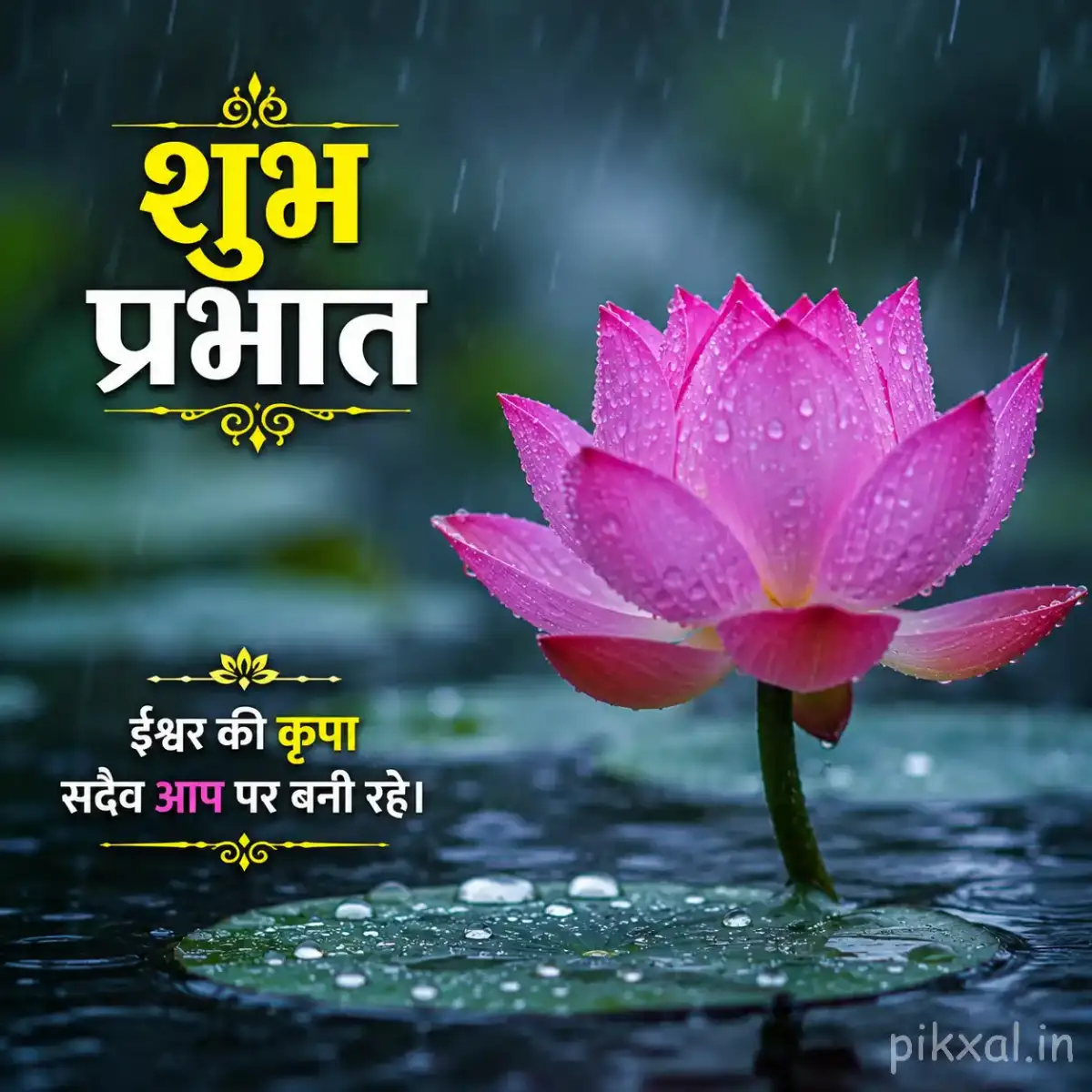 Single pink lotus flower with green lily pads and raindrops floating on a rainy pond with a शुभ प्रभात quote