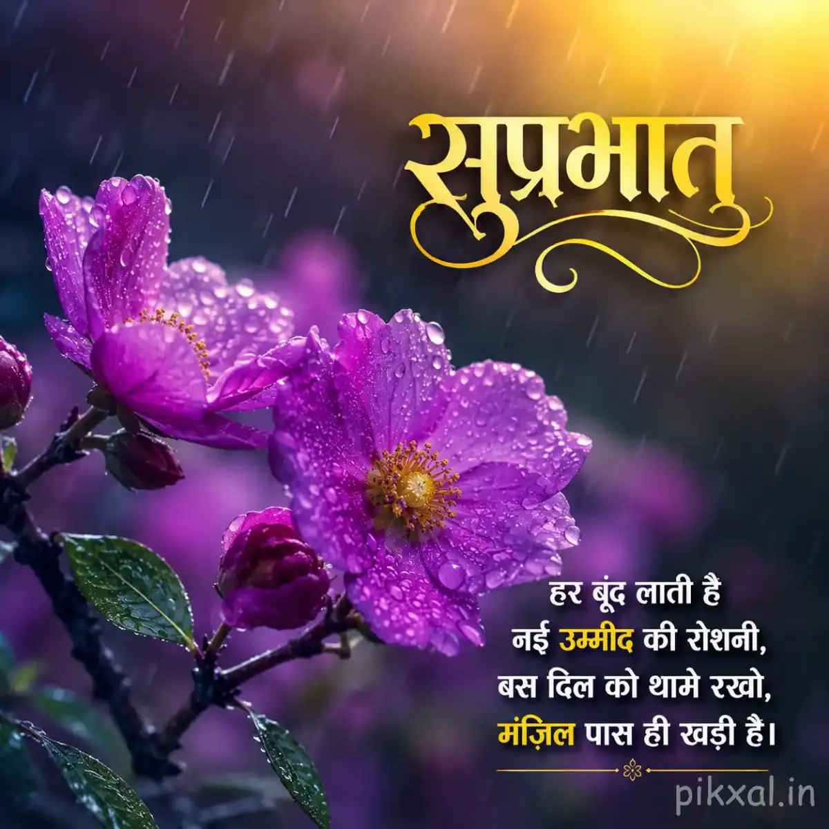 Purple flowers with yellow centers, green leaves and raindrops on a woody branch against a blurred rainy garden background