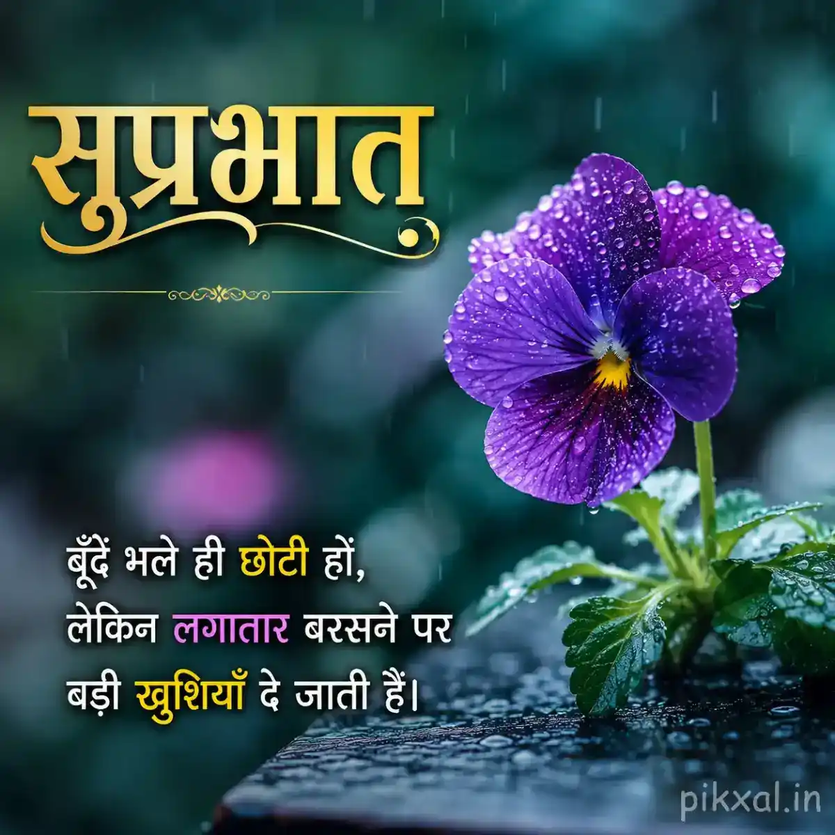 Single purple five-petaled flower with a yellow center, green leaves and raindrops beside a wet garden path with a सुप्रभात quote
