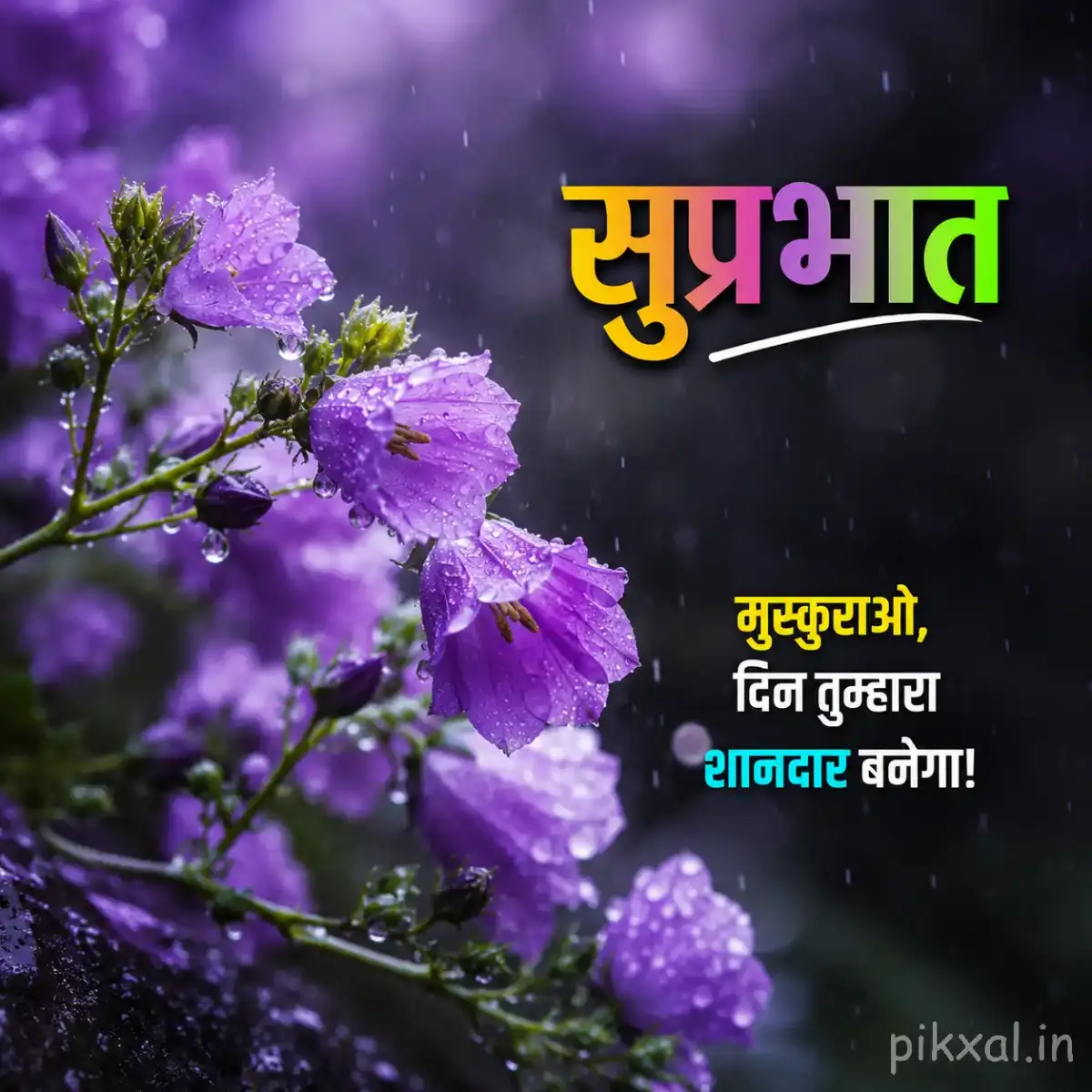 Cluster of small purple flowers with green leaves and raindrops against a rainy garden background with a मधुर प्रभात quote