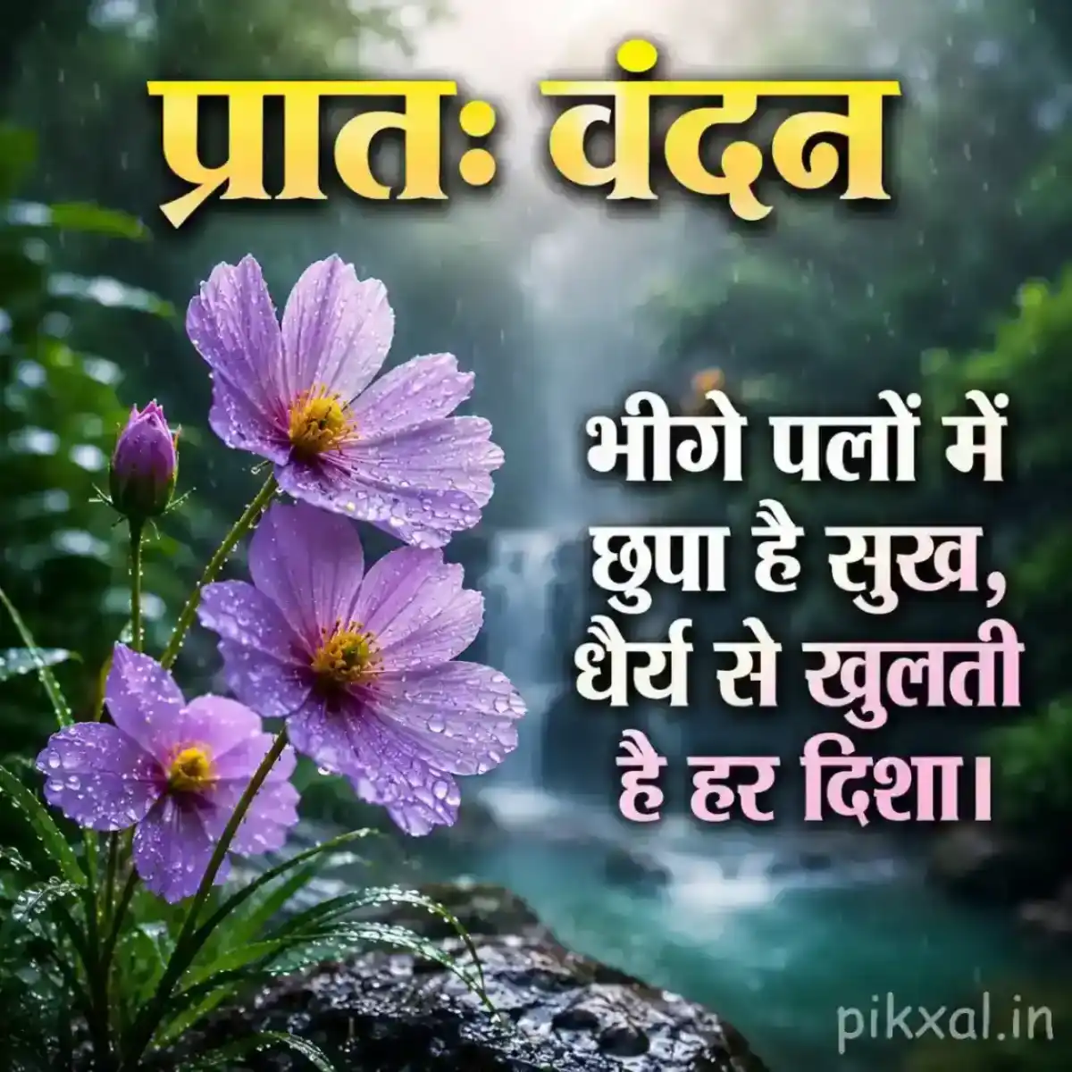 some light purple five-petaled flowers with green leaves and raindrops against a lush rainy garden background with a प्रातः वंदन quote