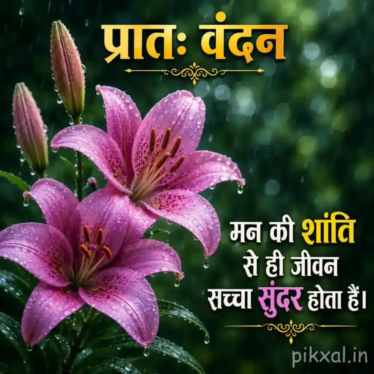 Two pink lily flowers with unopened buds and green leaves covered in raindrops with a प्रातः वंदन quote