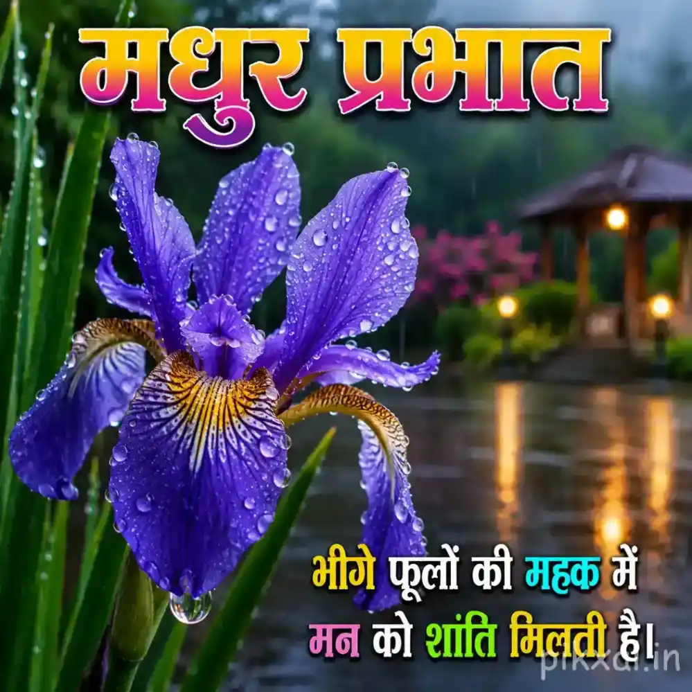 Purple iris flower covered with raindrops in a lush rainy garden with a मधुर प्रभात quote