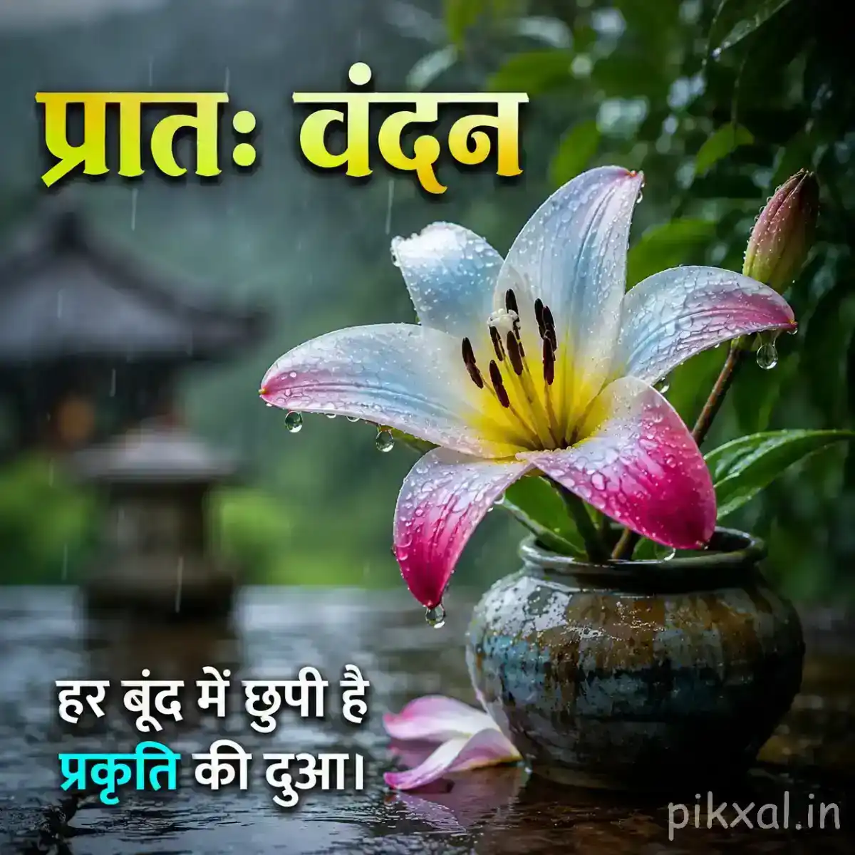 Single white and pink lily flower with a yellow center, green leaves and raindrops in a decorative bowl beside a rainy garden path