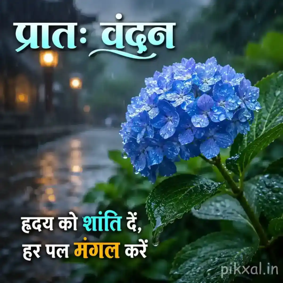 Blue hydrangea flower cluster with green leaves and raindrops against a lush rainy garden background with a प्रातः वंदन quote