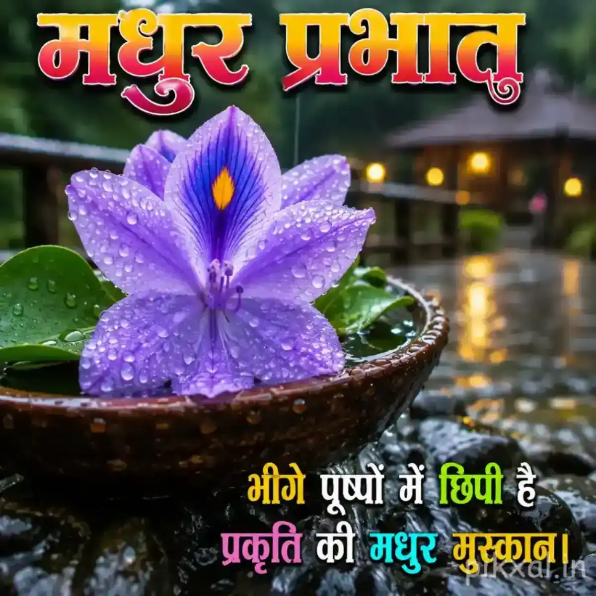 Purple water lily with raindrops floating in a small bowl against a lush green background