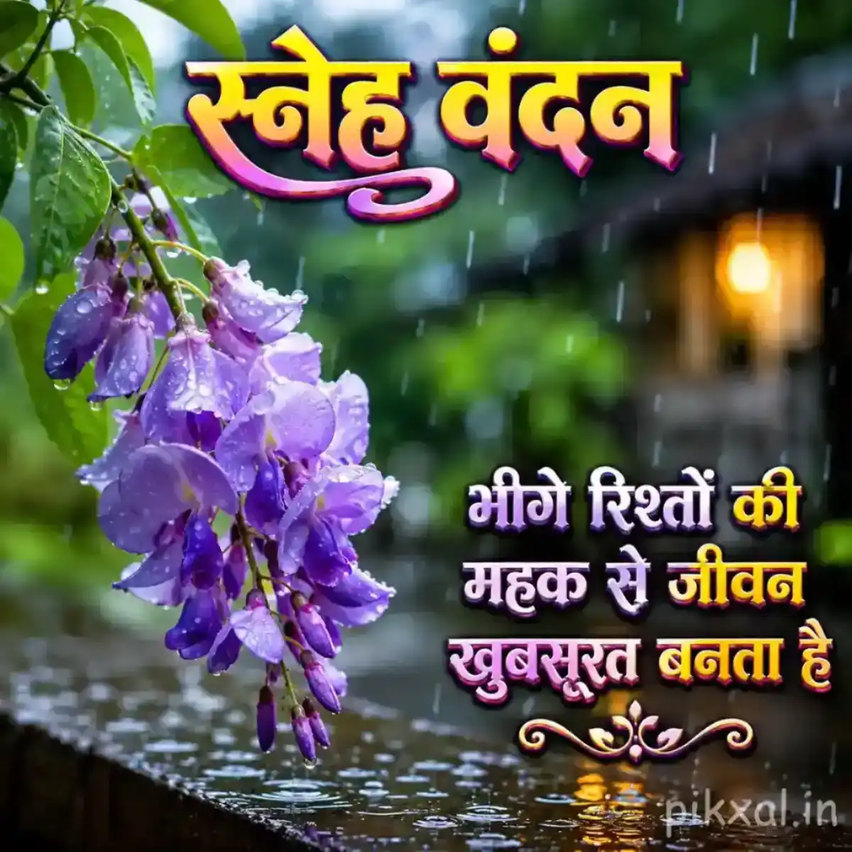 Cluster of purple flowers covered with raindrops beside a wet garden path and a स्नेह वंदन quote
