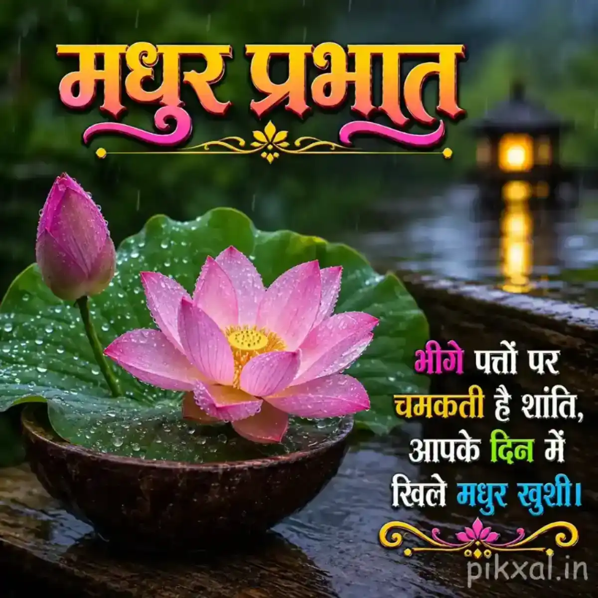 Monsoon Good Morning Images with a pink lotus flower and green leaves in a bowl beside a rainy garden path