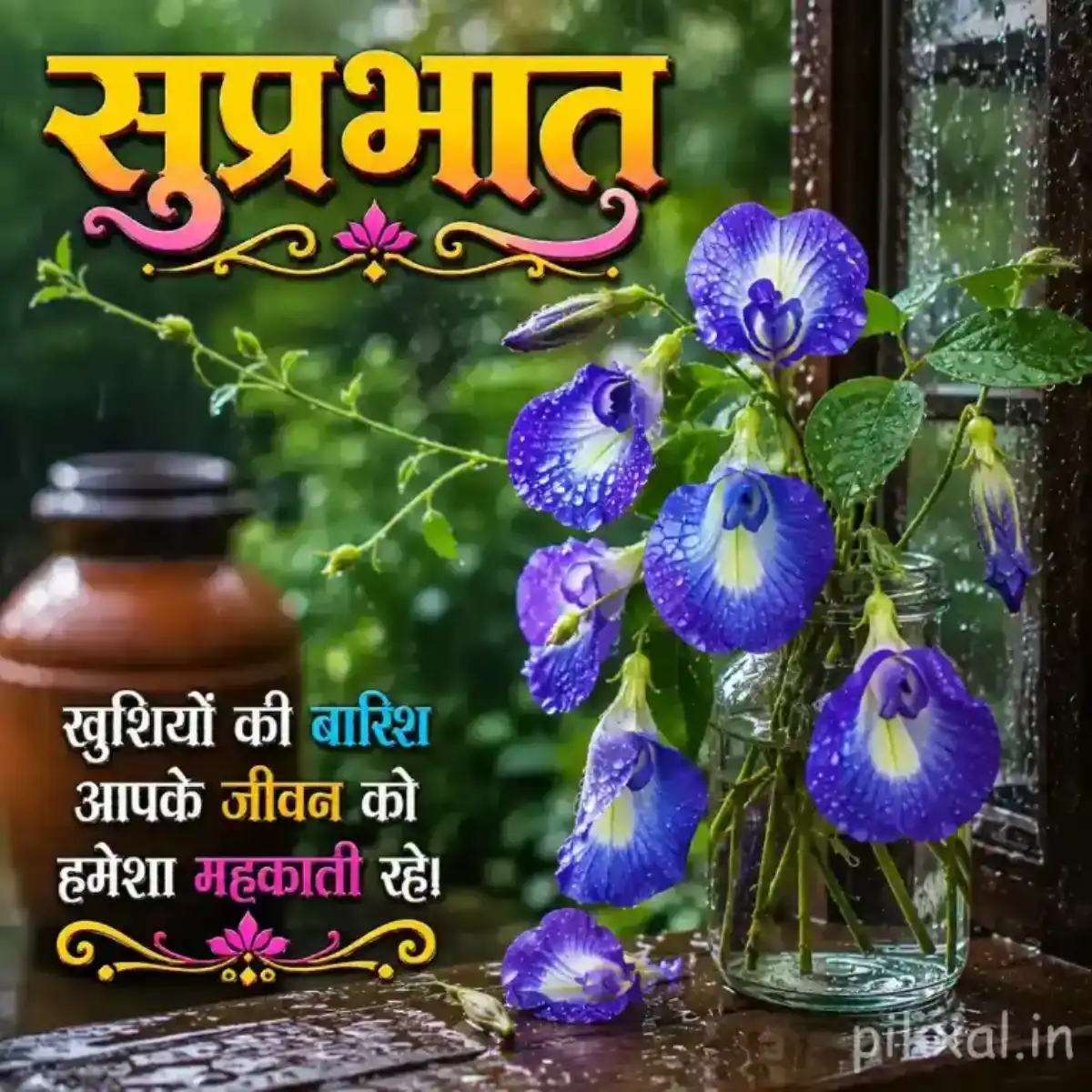 Blue butterfly pea flowers with green leaves and raindrops in a glass vase against a lush monsoon background