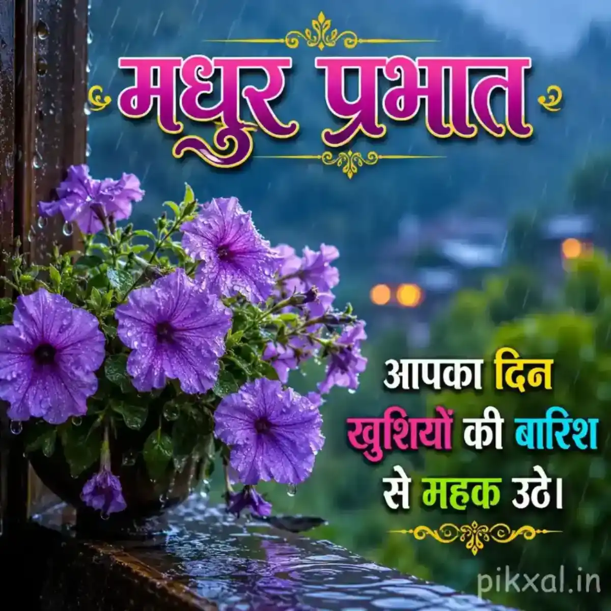 Purple clustered flowers with green foliage beside a wet garden path and a peaceful मधुर प्रभात quote