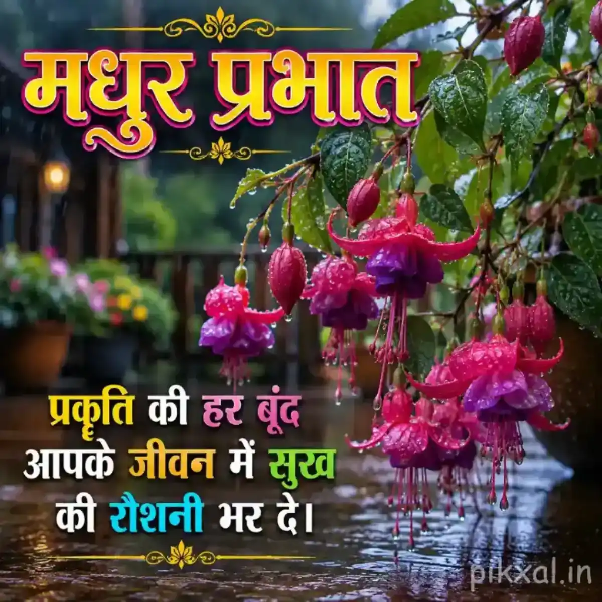 Pink and red hanging flowers with green leaves and raindrops against a blurred rainy garden background