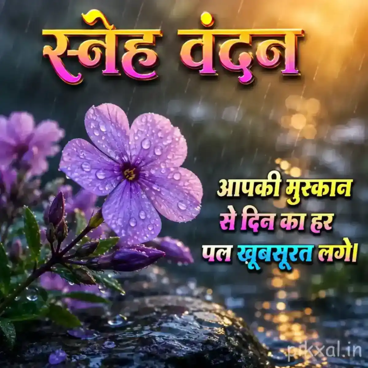 Purple flower with five petals and green leaves beside a wet monsoon garden path with a स्नेह वंदन quote