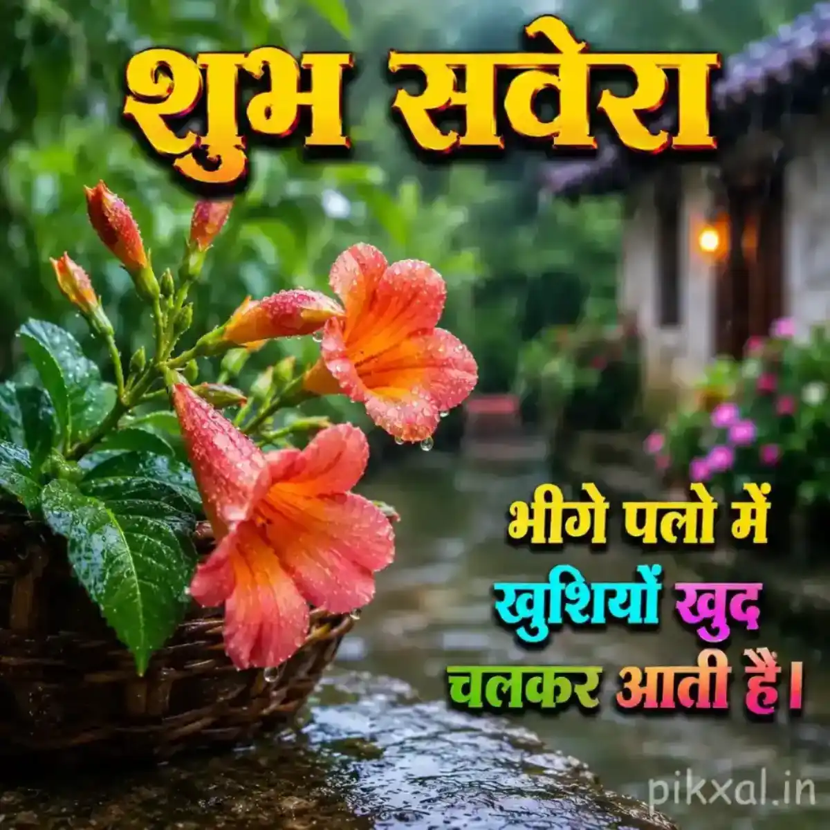 Orange flowers with green leaves and raindrops beside a rainy garden path with a शुभ सवेरा quote