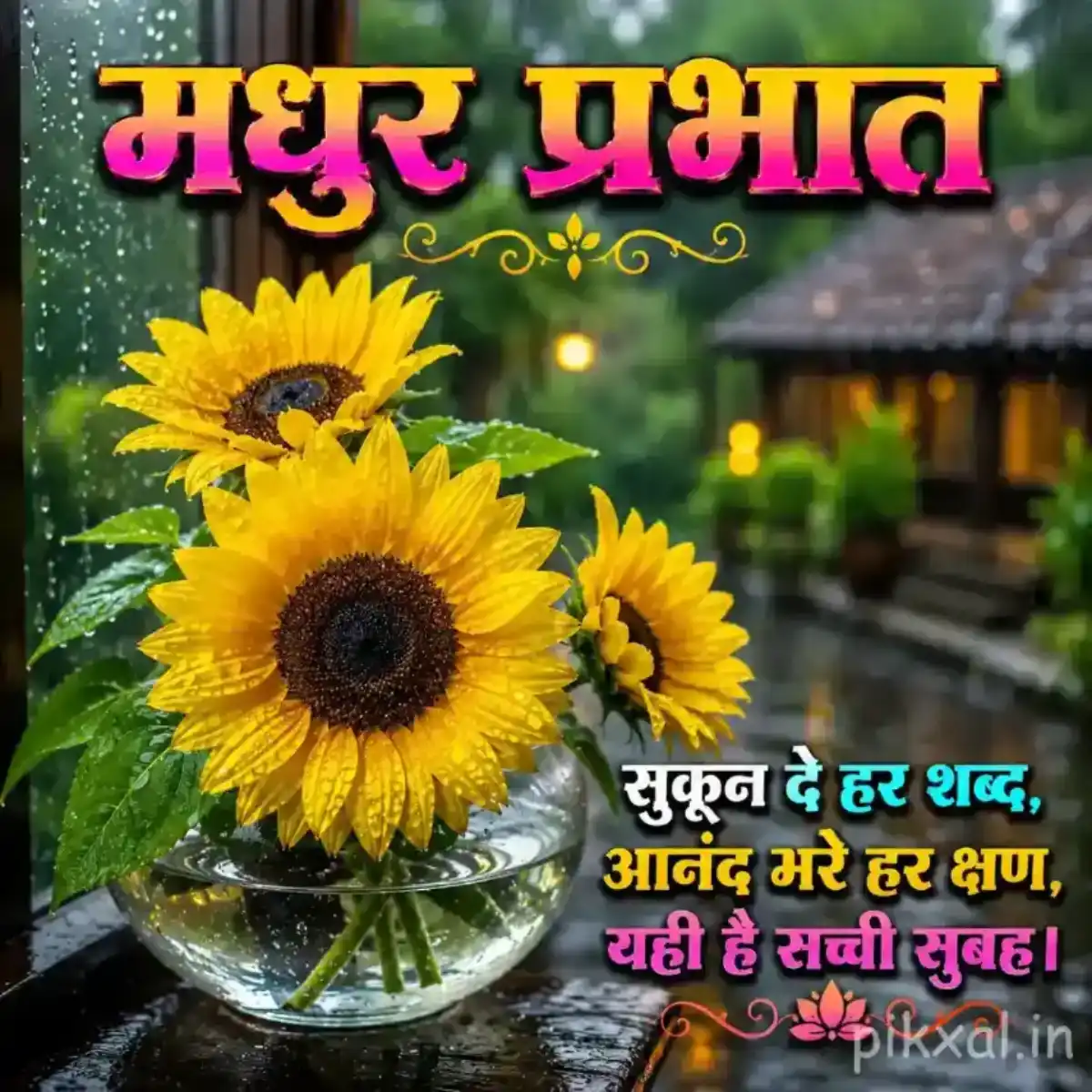 some yellow sunflower blooms with green leaves in a glass vase against a rainy monsoon garden with a मधुर प्रभात quote