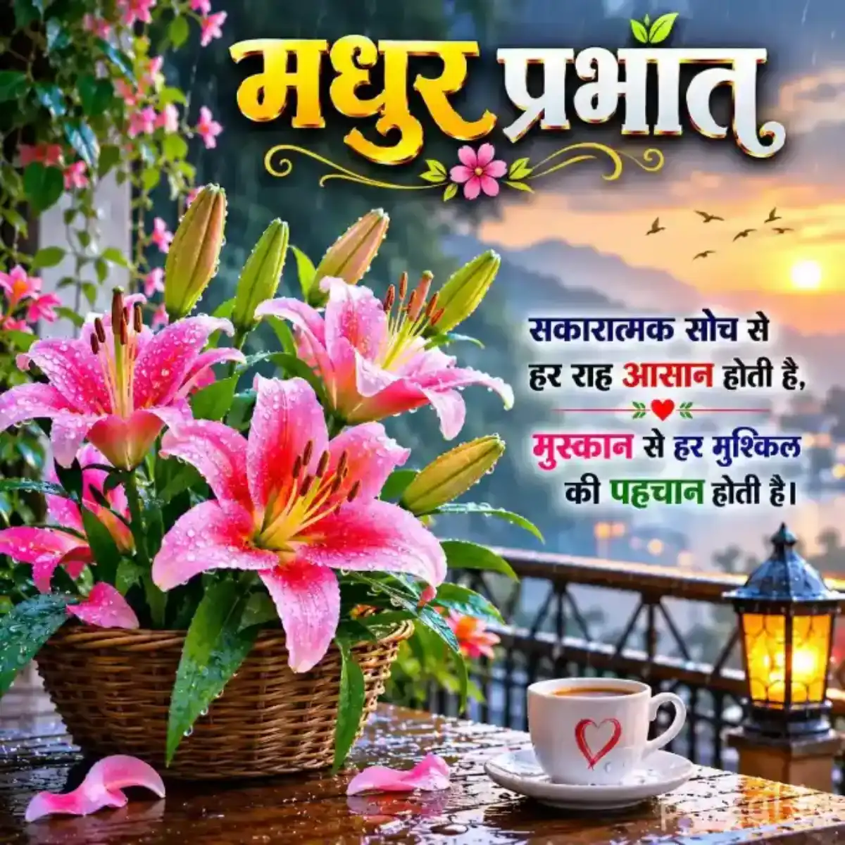Pink lily flowers with green leaves in a basket beside a cup and lantern in a peaceful rainy morning setting