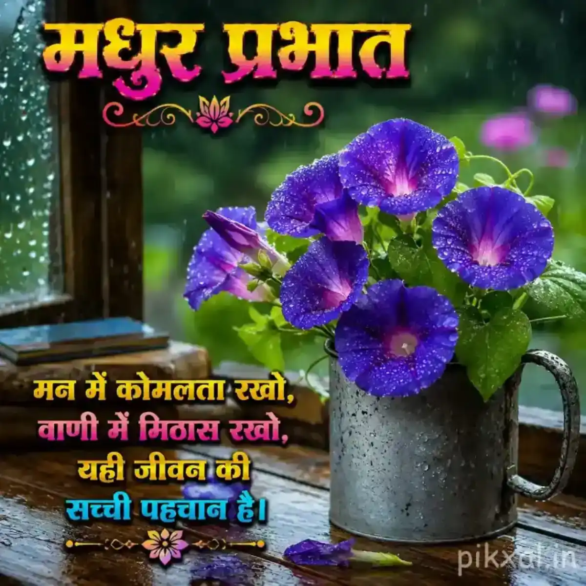 Three purple-blue flowers with green leaves in a metal vase against a rainy garden background with a मधुर प्रभात quote