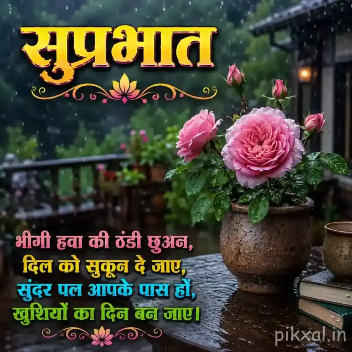 Pink rose bloom with green leaves and raindrops in a rainy garden setting with a शुभप्रभात quote
