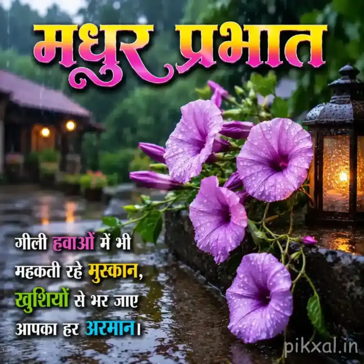 some purple morning glory flowers with green leaves and raindrops against a rainy garden background with a मधुर प्रभात quote