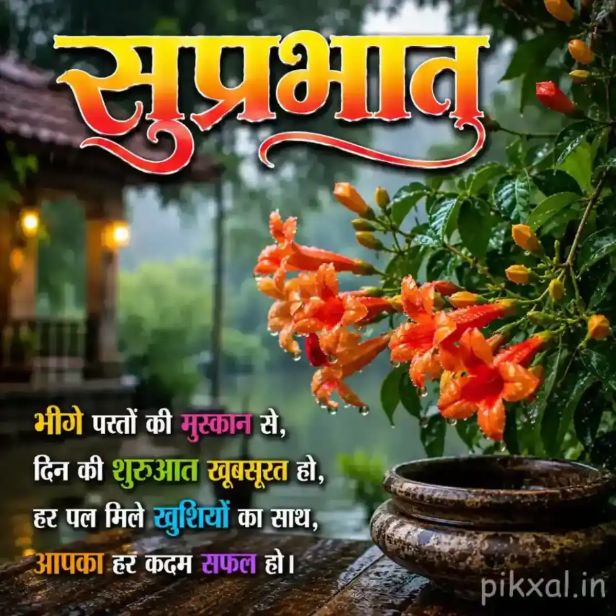 Monsoon Good Morning Images featuring a cluster of orange flowers with green leaves beside a rainy garden path