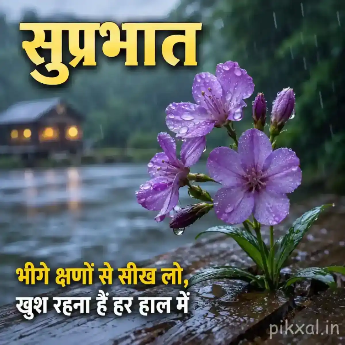 Purple flowers with green leaves and raindrops against a blurred rainy garden background with a सुप्रभात quote