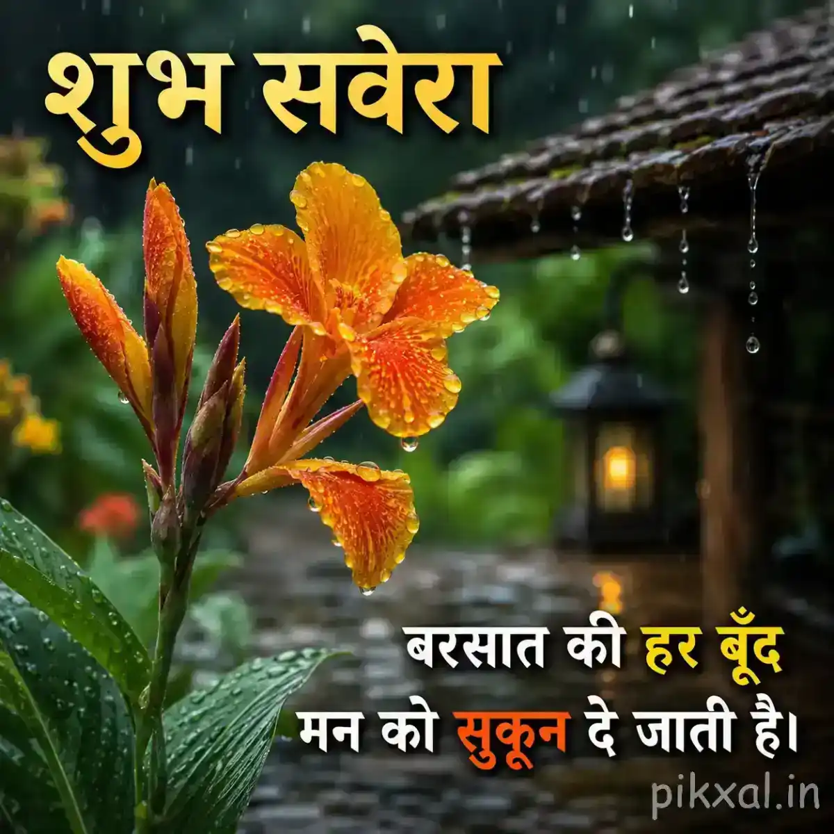 Orange flowers with long green leaves and raindrops beside a rainy garden path with a शुभ सवेरा quote