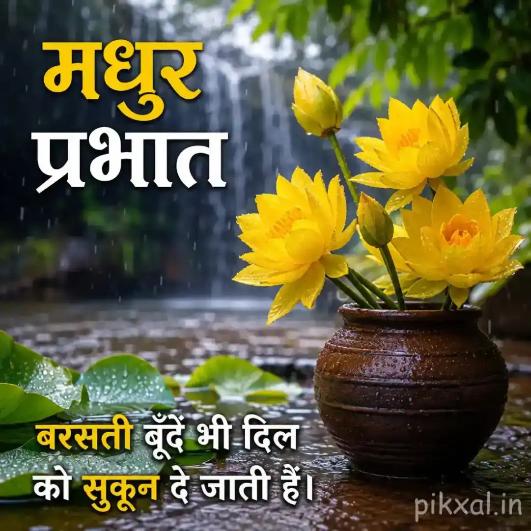 Three yellow water lily flowers with green leaves and raindrops in a bowl beside a rainy garden path