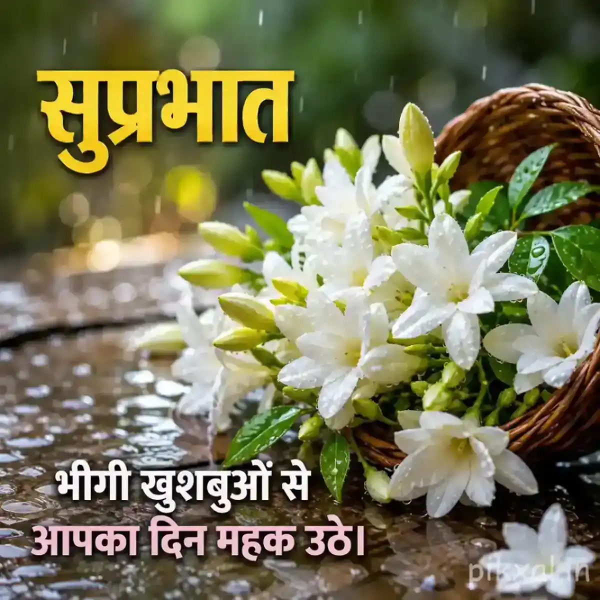 Cluster of white flowers with green leaves and raindrops in a woven basket beside a wet garden path