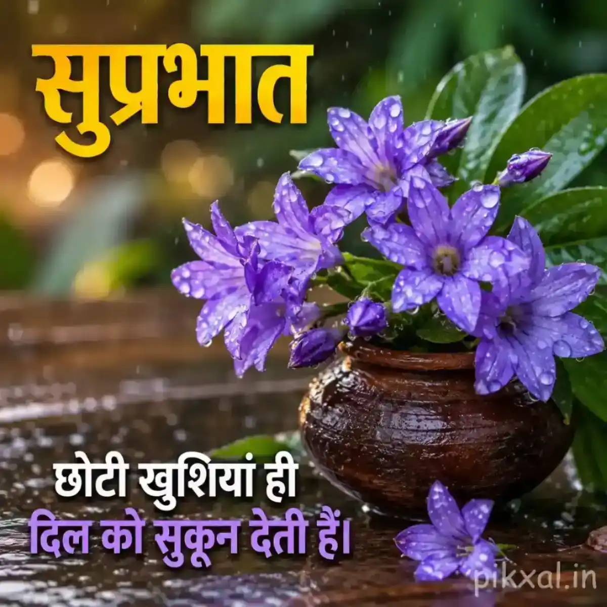 Cluster of purple flowers with green leaves and raindrops in a bowl against a lush rainy garden background with a सुप्रभात quote