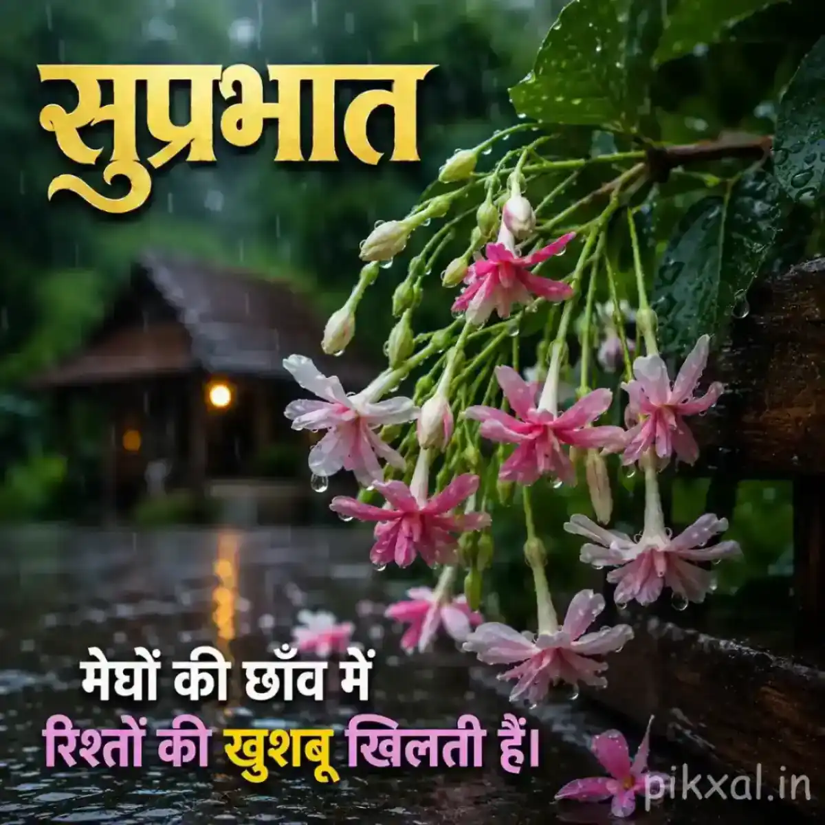 Cluster of small pink flowers with green leaves and raindrops beside a rainy garden path with a सुप्रभात quote
