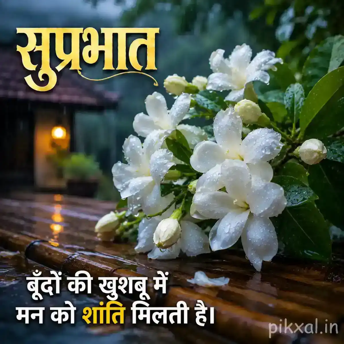 Cluster of white flowers with green leaves and raindrops against a rainy garden background with a सुप्रभात quote