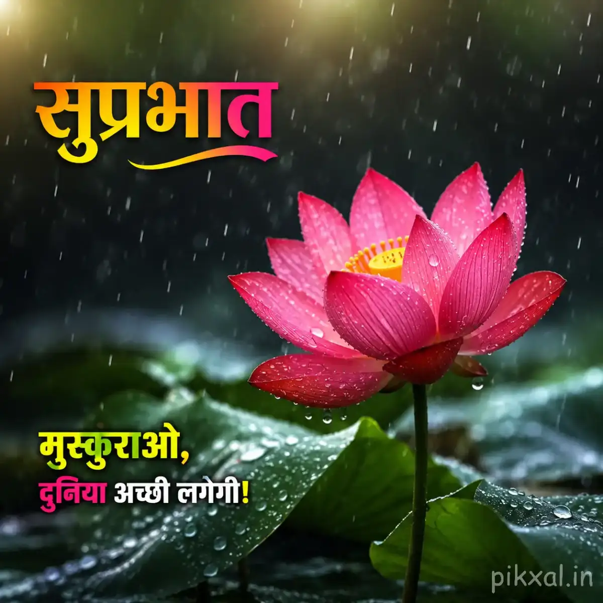 Single pink lotus flower with green leaves and raindrops floating in a rainy pond with a सुप्रभात quote