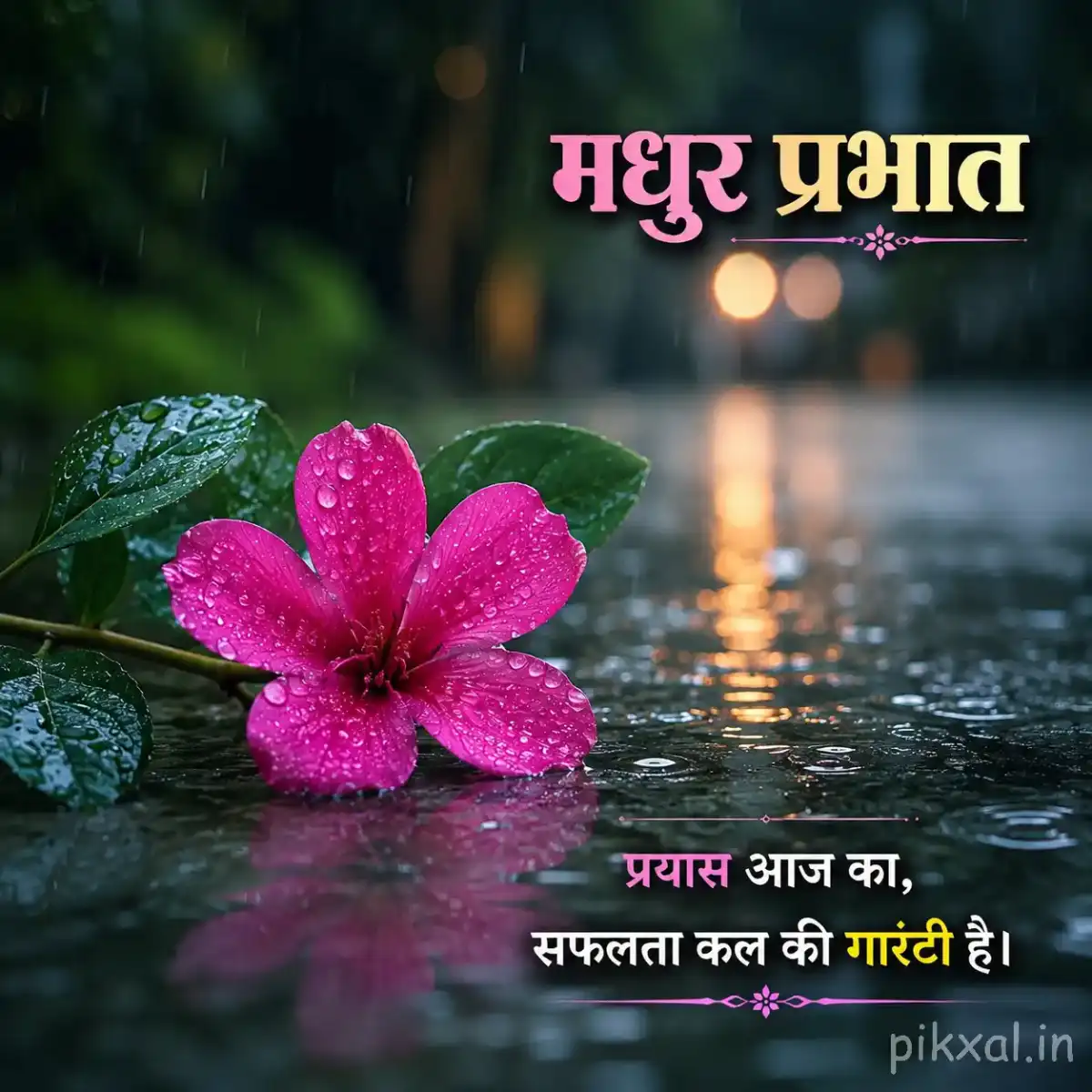 Single pink water lily flower with green leaves and raindrops floating on a rainy pond with a मधुर प्रभात quote