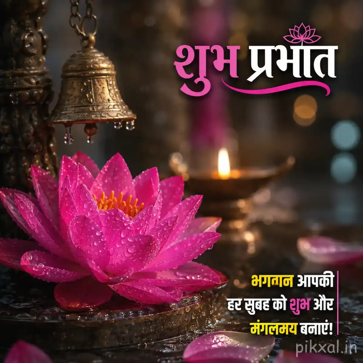 Single pink lotus flower with green leaves and raindrops beside a brass lamp in a peaceful devotional morning setting