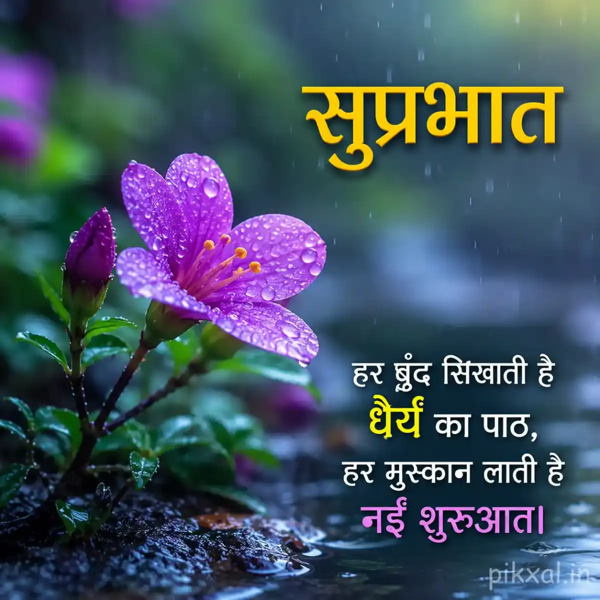 Purple five-petaled flower with a yellow center, green leaves and raindrops against a blurred rainy garden background