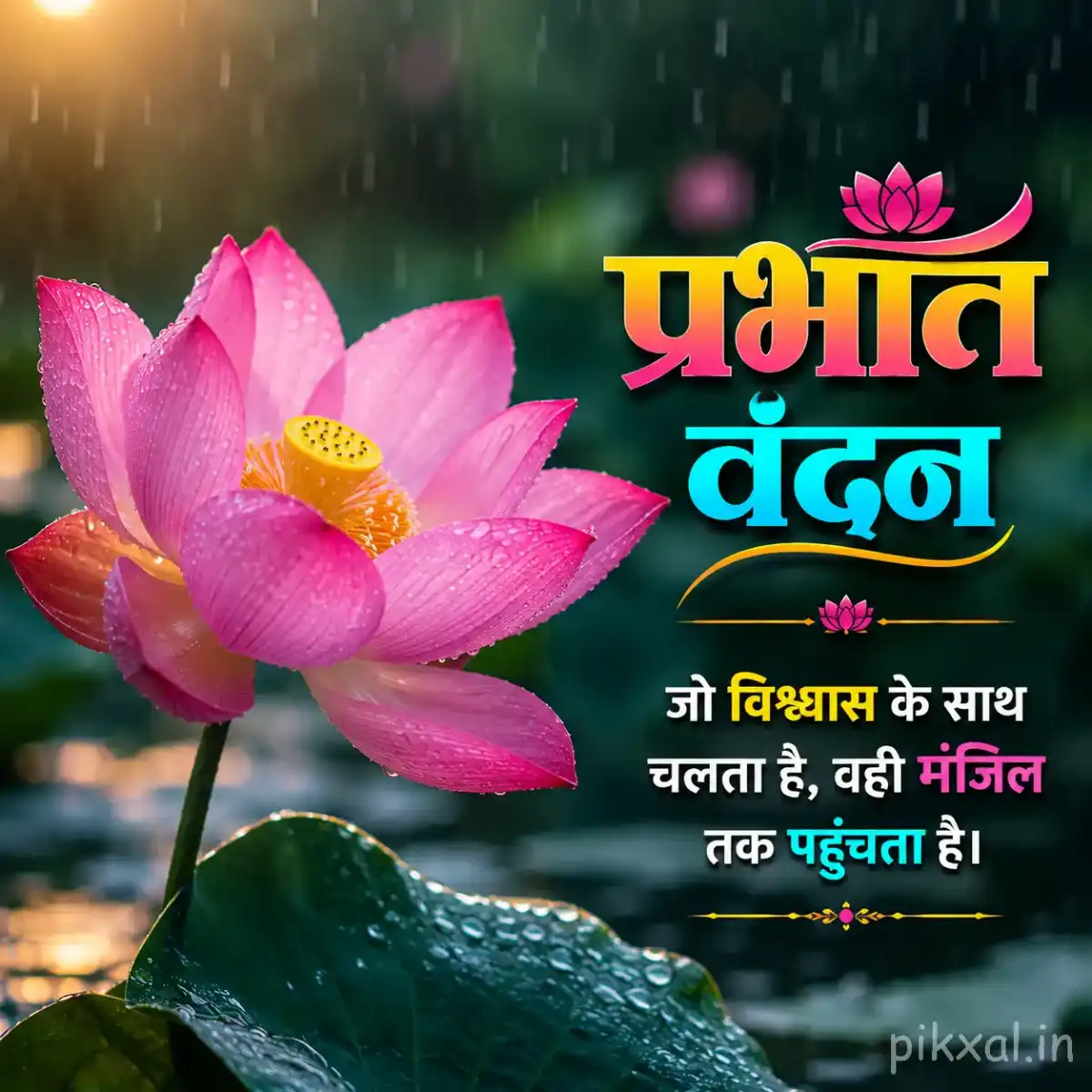 Pink lotus flower with green leaves and raindrops beside a wet pond with a प्रभात वंदन quote