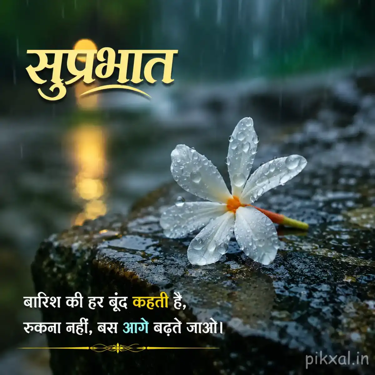 White five-petaled flower with a yellow center resting on wet stones beside a rainy pond with a सुप्रभात quote